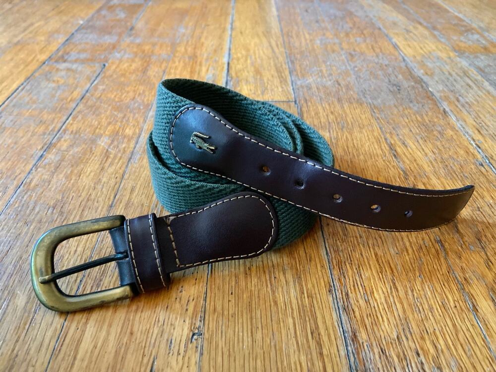 Vintage LACOSTE Green Woven Fabric Belt w/Leather Trim sz XS/S